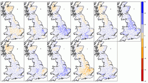 Map of percentage changes in winter mean river flow for the 2050s as simulated by the hydrological model CERF with each of the Future Flows Climate members using the SRES A1B emission scenarios Map of percentage changes in winter mean river flow for the 2050s as simulated by the hydrological model CERF with each of the Future Flows Climate members using the SRES A1B emission scenarios