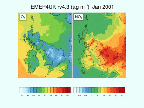 O3 and NO2 pollutants over the UK 2001-2014 modelled by EMEP4UK