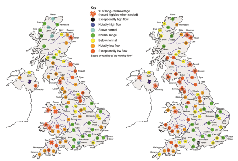 Maps indicating river flow status in the UK in May 2020 and April-May 2020