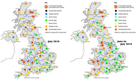 maps showing river flow in the UK for July 2018 and June/July 2018