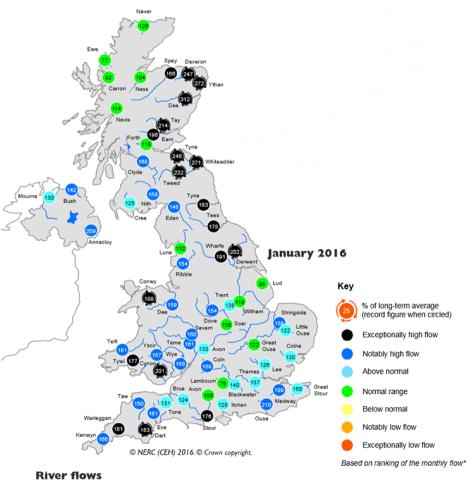 Map of river flows in UK January 2016 hydrological summary