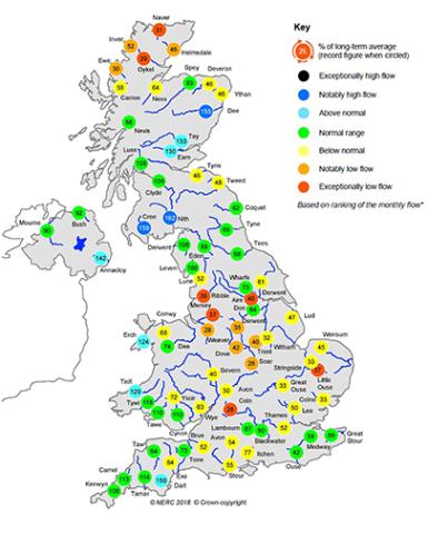 UK map showing percentage of long-term average river flows for November 2018