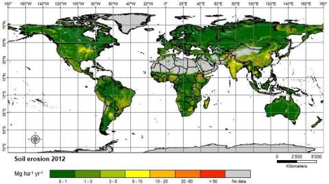 Graphic with key showing global spatial pattern of soil erosion in 2012