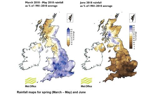 Maps showing rainfall in the UK in spring 2018 (March - May) and June 2018