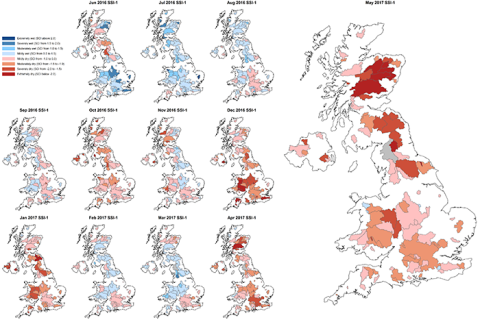 UK drought portal maps showing standardised streamflow indices for June 2016 to May 2017