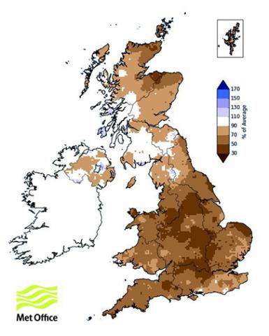 UK map showing percentage of long-term average rainfall for summer 2018 (June-August)
