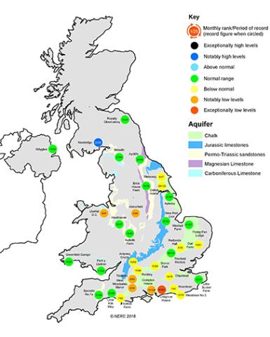 UK map showing rankings of end of month groundwater levels for November 2018