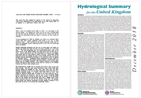 Old and new reports from the NHMP Text showing England and Wales Water Situation Review 1988/89 on left and December 2018 Hydrological Summary for the United Kingdom