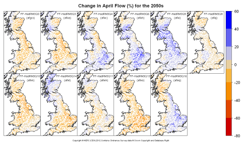 Changes in April flow for the 2050s obtained from CERF driven by Future Flows Climate changes