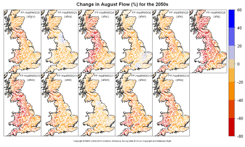 Changes in August flow for the 2050s obtained from CERF driven by Future Flows Climate changes