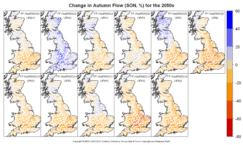 Changes in autumn (SON) flow for the 2050s obtained from CERF driven by Future Flows Climate changes