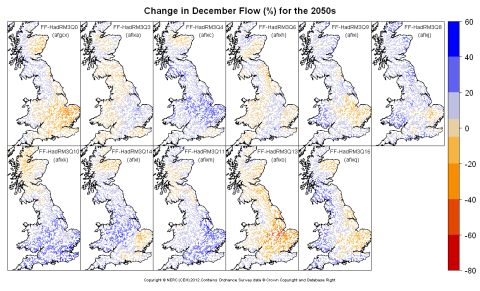 Changes in December flow for the 2050s obtained from CERF driven by Future Flows Climate changes