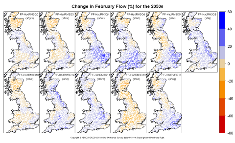 Changes in February flow for the 2050s obtained from CERF driven by Future Flows Climate changes