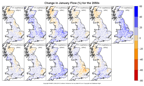 Changes in January flow for the 2050s obtained from CERF driven by Future Flows Climate changes