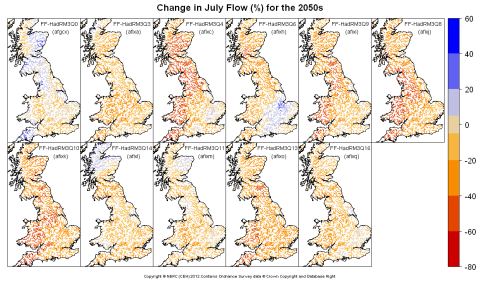 Changes in July flow for the 2050s obtained from CERF driven by Future Flows Climate changes