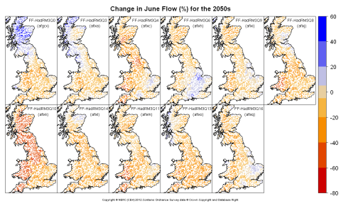 Changes in June flow for the 2050s obtained from CERF driven by Future Flows Climate changes