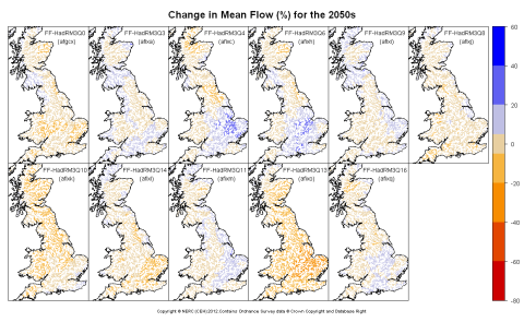 Changes in mean annual flow for the 2050s obtained from CERF driven by Future Flows Climate changes
