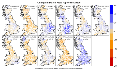 Changes in March flow for the 2050s obtained from CERF driven by Future Flows Climate changes