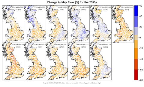 Changes in May flow for the 2050s obtained from CERF driven by Future Flows Climate changes