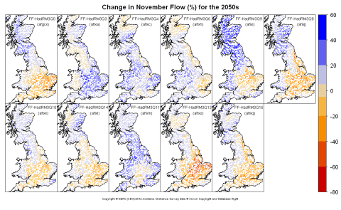 Changes in November flow for the 2050s obtained from CERF driven by Future Flows Climate changes