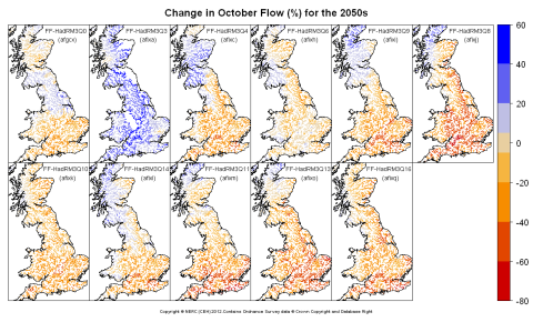 Changes in October flow for the 2050s obtained from CERF driven by Future Flows Climate changes