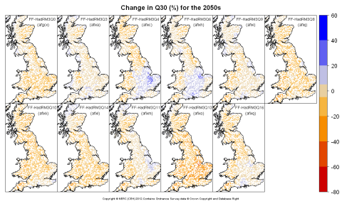 Changes in Q30 for the 2050s obtained from CERF driven by Future Flows Climate changes