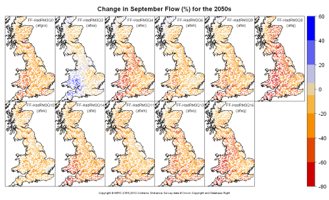 Changes in September flow for the 2050s obtained from CERF driven by Future Flows Climate changes