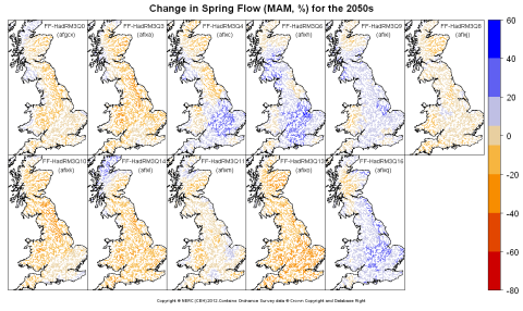 Changes in spring (MAM) flow for the 2050s obtained from CERF driven by Future Flows Climate changes