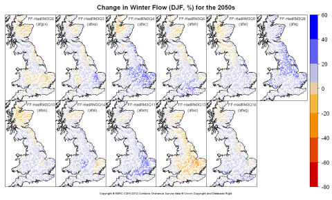 Changes in winter (DJF) flow for the 2050s obtained from CERF driven by Future Flows Climate changes
