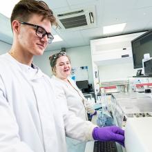Joshua Telford and Helen Campbell in UKCEH's Analytical Chemistry Lab Service in Lancaster