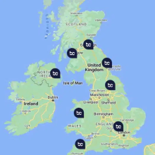 Map with pins show locations of Biomass Connect's Hub Sites