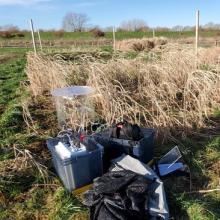 A field plot with various instruments nearby