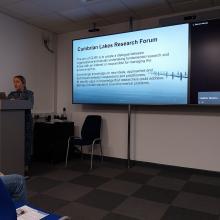 Heather Moorhouse at the lectern introducing the Cumbrian Lakes Research Forum 2024