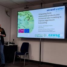 Maud Siebers at the lectern presenting to the Cumbrian Lakes Research Forum 2024
