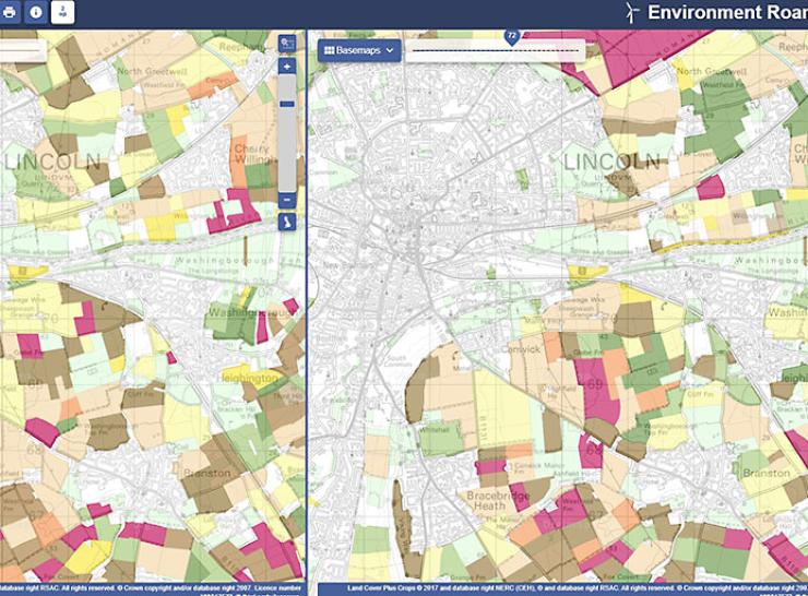 Screengrab from Environment Digimap’s Roam application showing Crop Map data