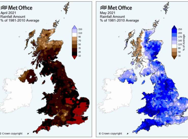 Maps showing Rainfall anomalies for the UK in April 2021 and May 2021