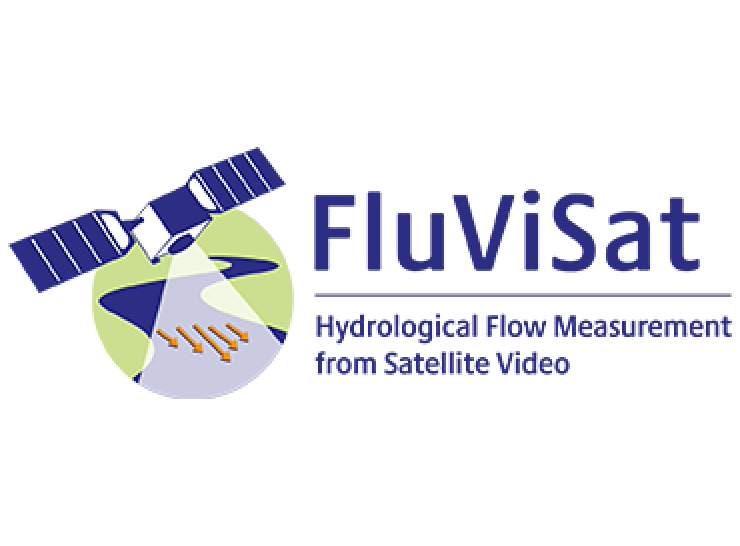 Graphic of satellite over river with FluViSat Hydrological Flow Measurement from Satellite Video