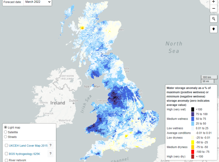 March 2022 relative wetness and dryness map of the UK