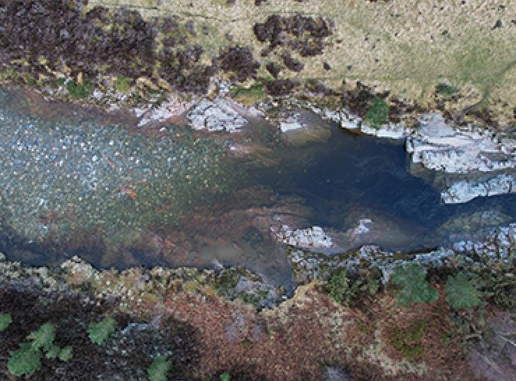 Drone view looking down on river Feshie