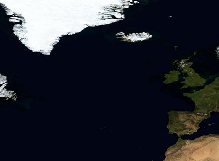 Satellite imagery showing area of North Atlantic between eastern North America and western Europe