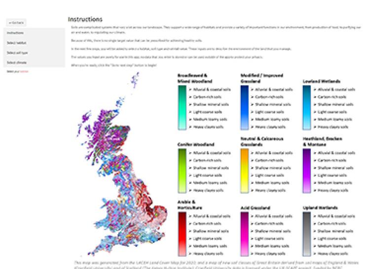 Screengrab from soil benchmarking tool showing map of Britain and different habitats