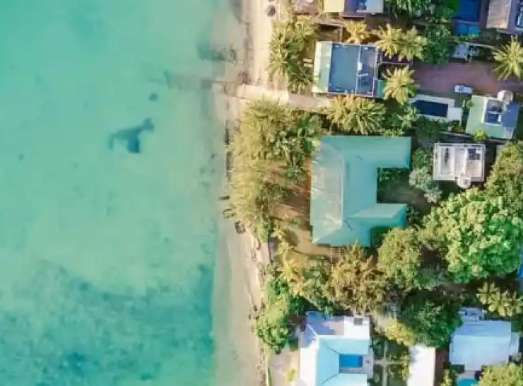 Aerial view of ocean and land