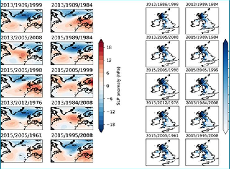 10 maps showing mean sea level pressure in the North Atlantic and rainfall in the UK from past years