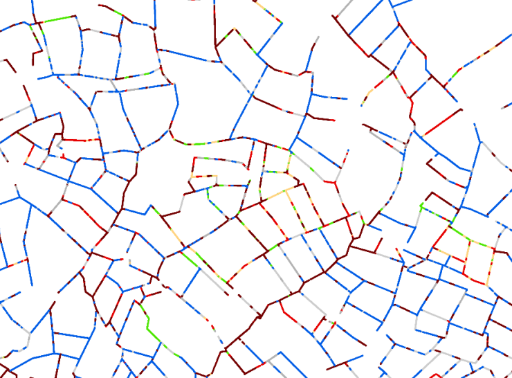 A 4 x 2 km sample of data, showing woody boundaries of land parcels/fields colour-coded by height class (blue or green for shorter hedges and red for taller tree lines).