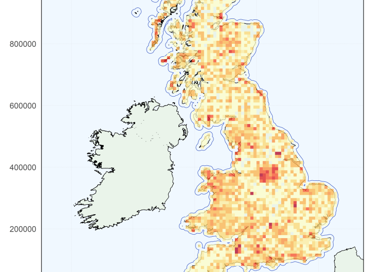 The spatial density of vegetation plot samples in the GBNVPD at a resolution of 10km.