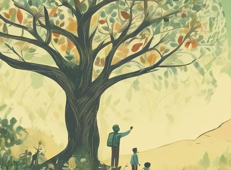 A silhouette of a man and child under a tree