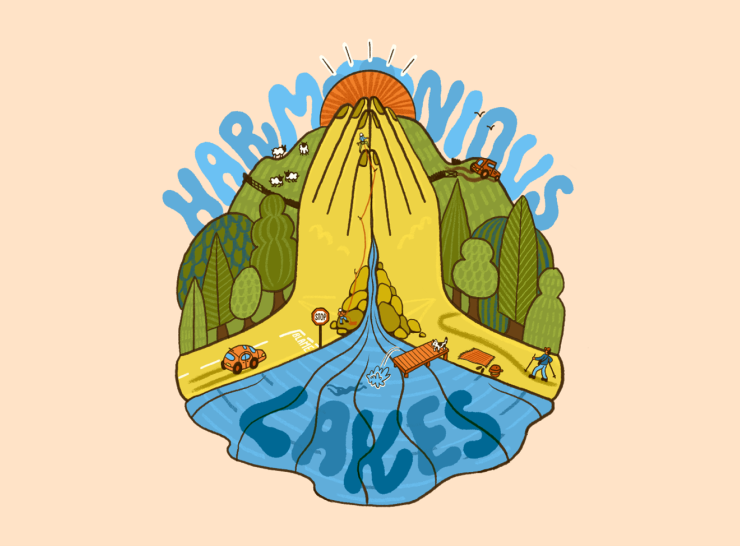 Illustration showing a lake and people using the environment around it with the words Harmonious Lakes