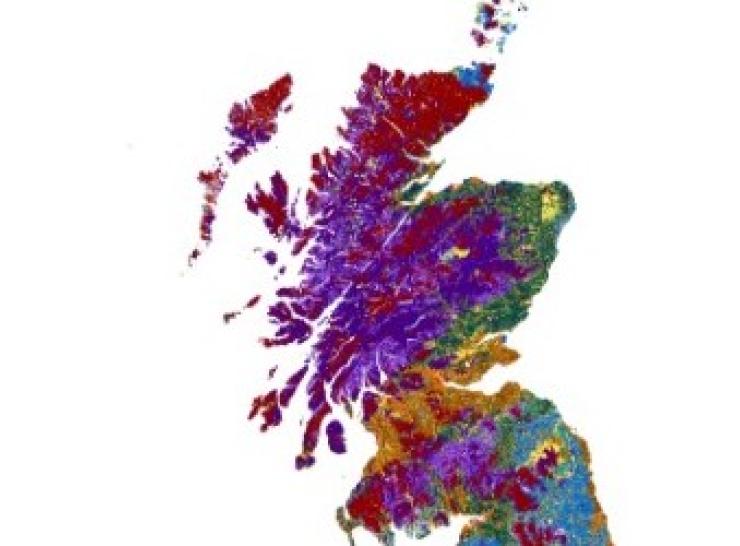 Map showing Scotland and part of England in different colours to show different soil types