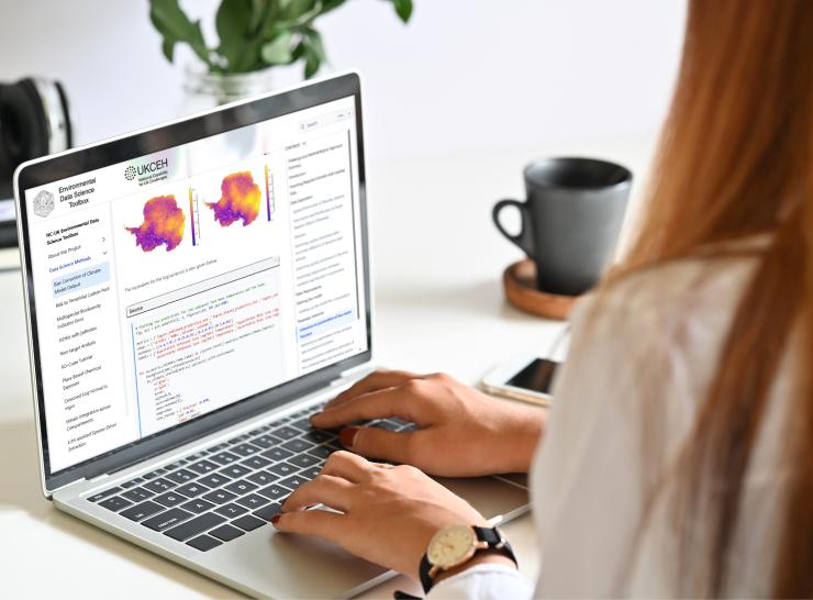 Woman with long hair on a laptop with images and text on the screen from the Environmental Data Science Toolbox