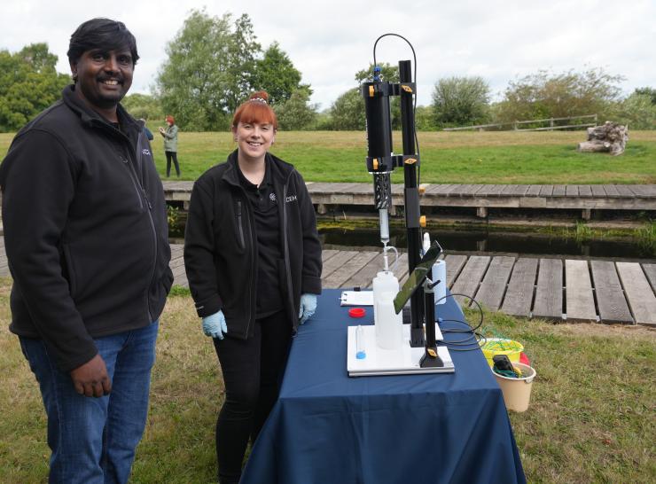 Susheel Bhanu Busi and Elysha Duke, UKCEH, at Lough Neagh.